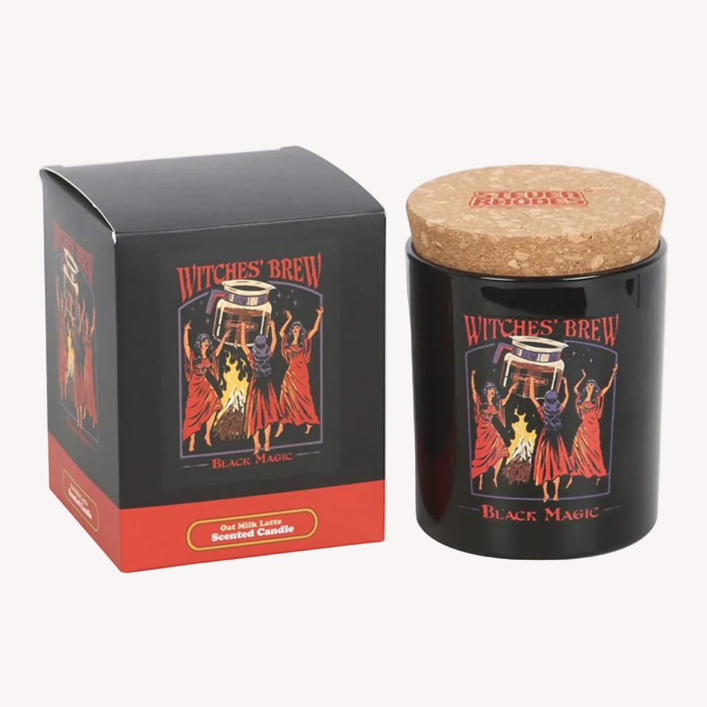 Witches' Brew Black Magic scented candle with packaging on a white background