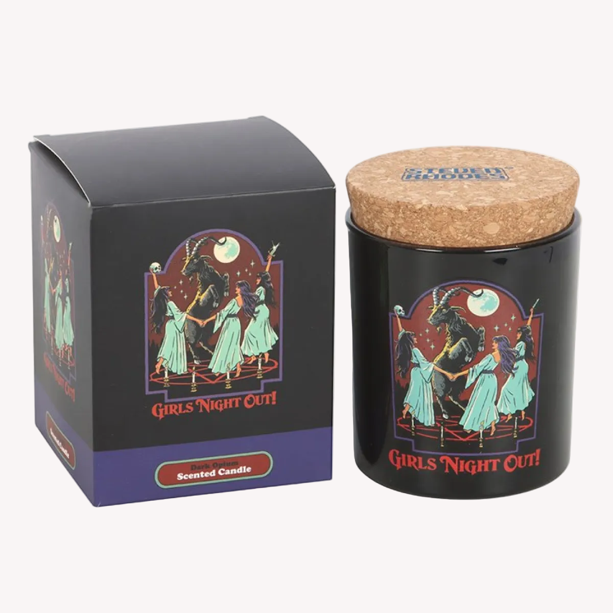 Scented candle with 'Girls Night Out' design and packaging on a white background