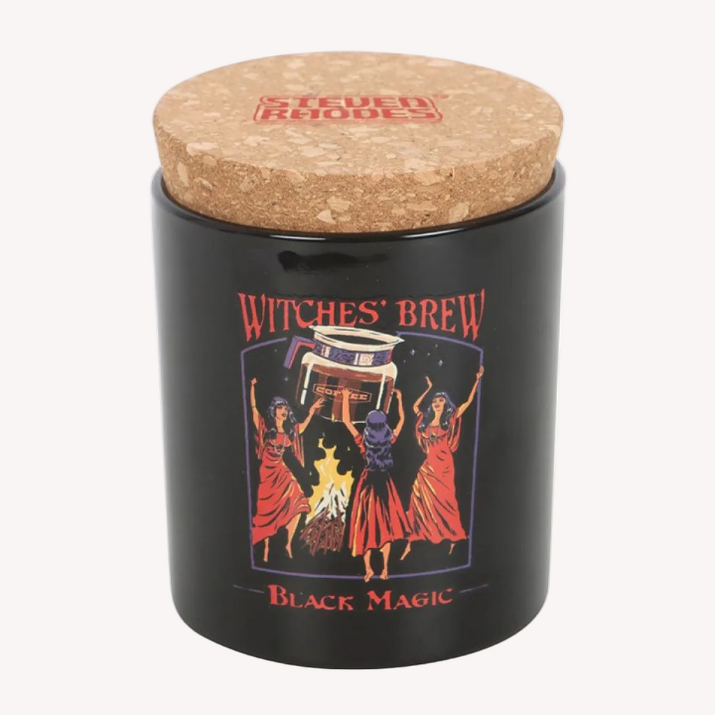 Black container with cork lid featuring 'Witches' Brew Black Magic' design on a white background