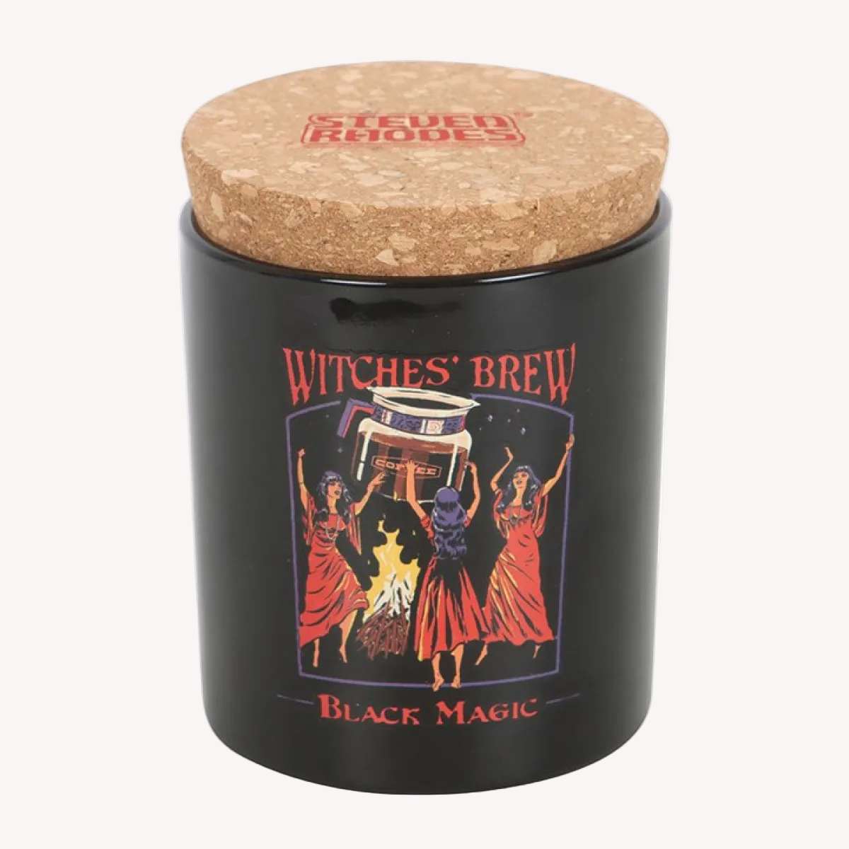 Black container with cork lid featuring 'Witches' Brew Black Magic' design on a white background