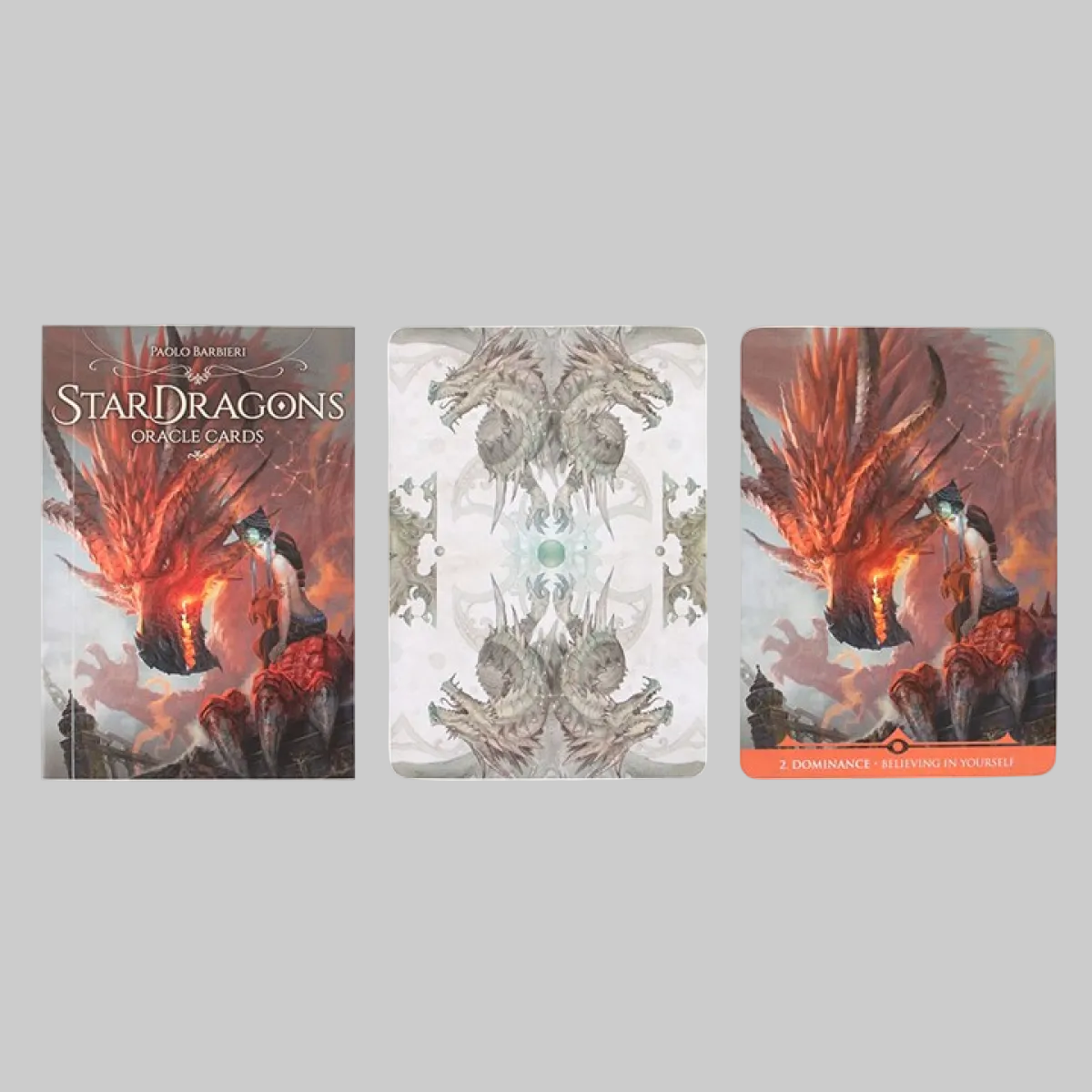 Three cards from the 'Star Dragons' Oracle Cards set on a white background