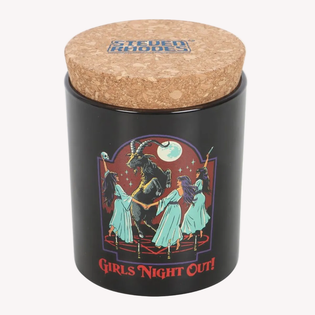 Black jar with cork lid featuring 'Girls Night Out' design and Steved Rhodes logo.