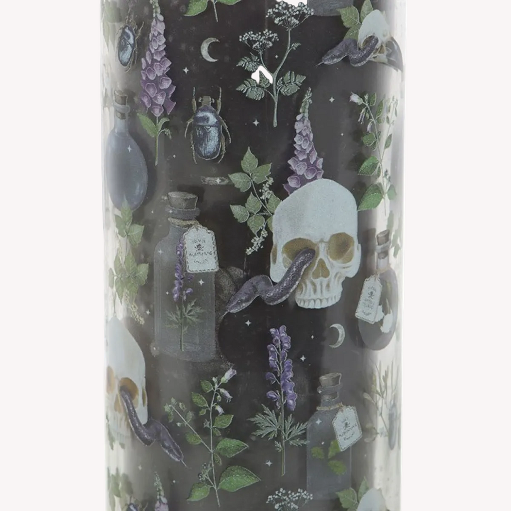 Tall cylindrical container with a skull and nature-themed design on a black background