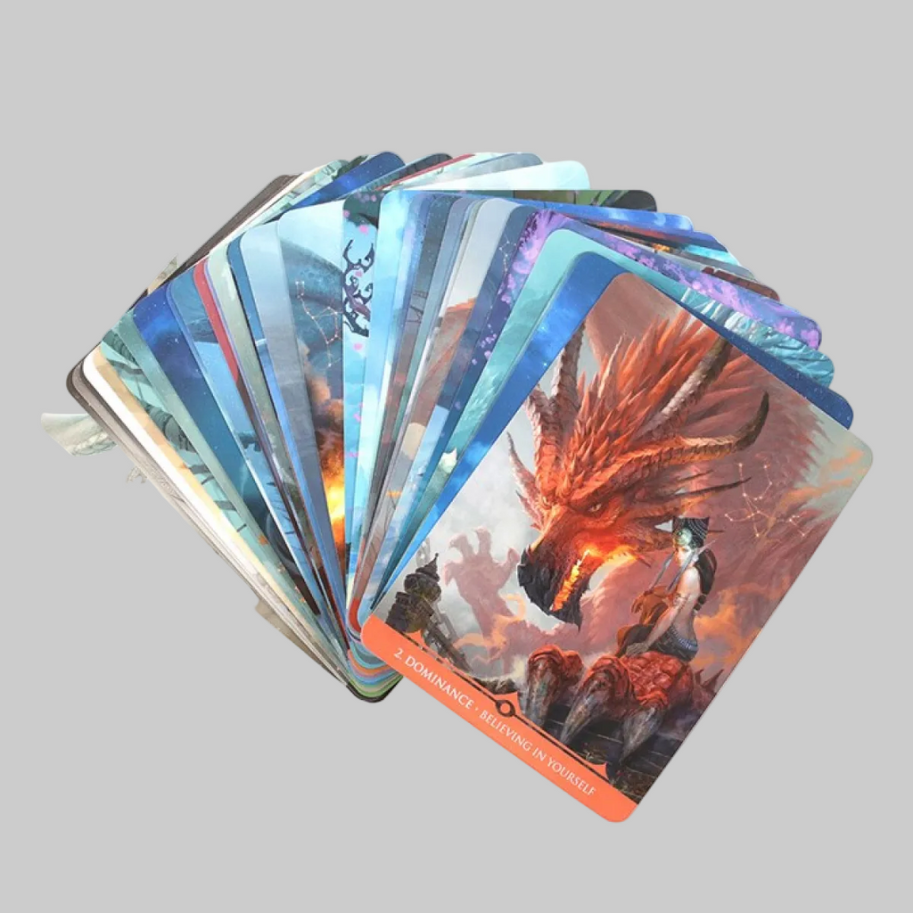 Collection of fantasy-themed trading cards with a prominent phoenix card on a white background