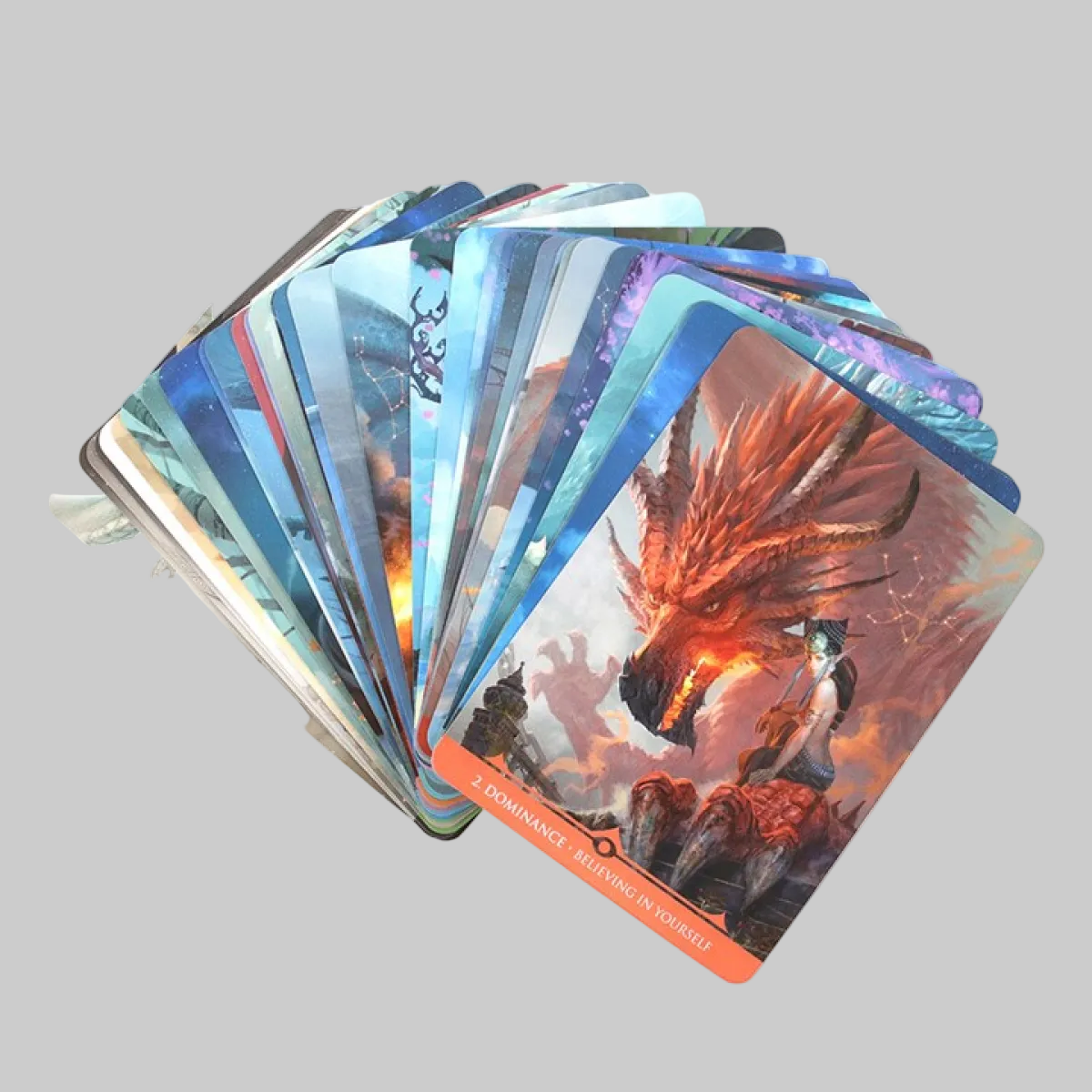 Collection of fantasy-themed trading cards with a prominent phoenix card on a white background