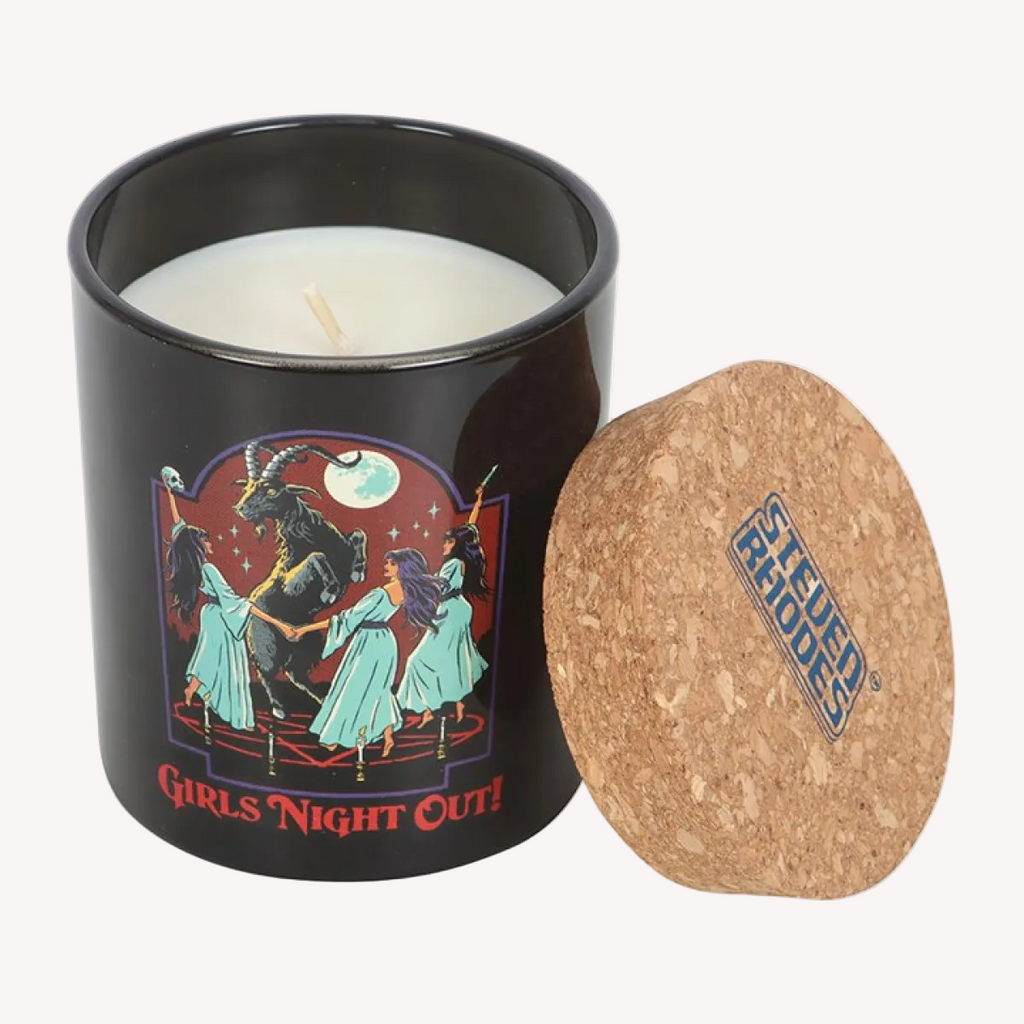 Candle in a black container with 'Girls Night Out!' design and cork lid, featuring the brand 'Steven Universe'.