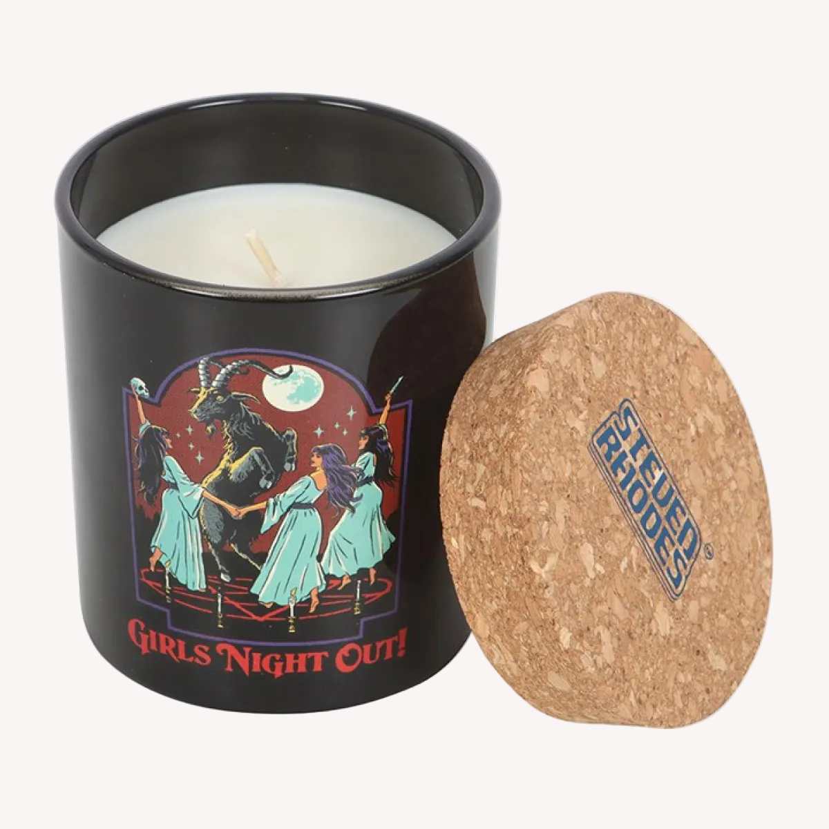 Candle in a black container with 'Girls Night Out!' design and cork lid, featuring the brand 'Steven Universe'.