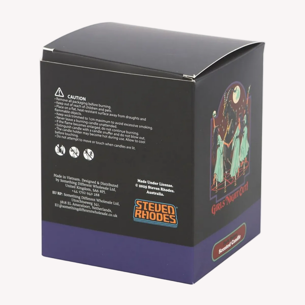 Back of a product box with 'Steven Rhodes' branding and candle imagery.