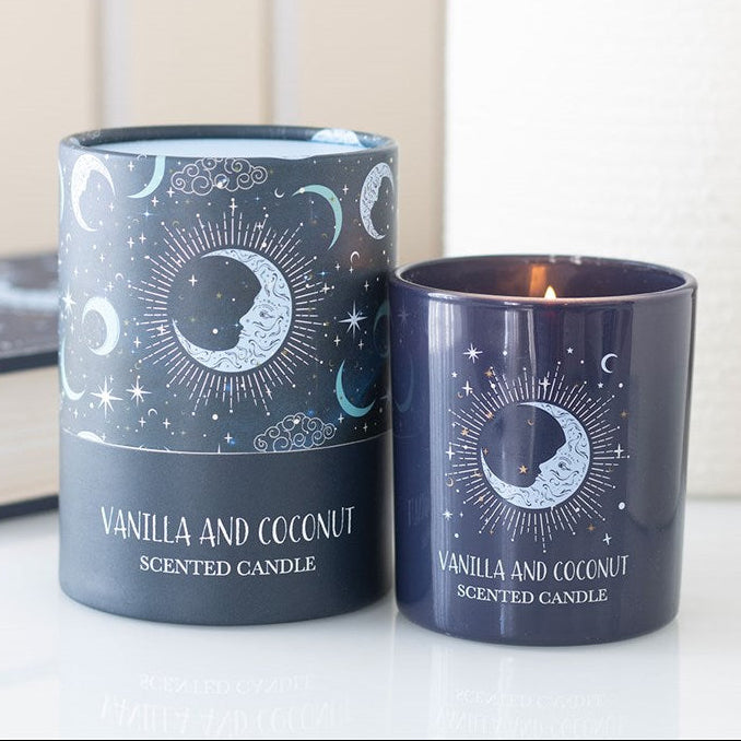 Vanilla and coconut scented candle with decorative label on a white surface