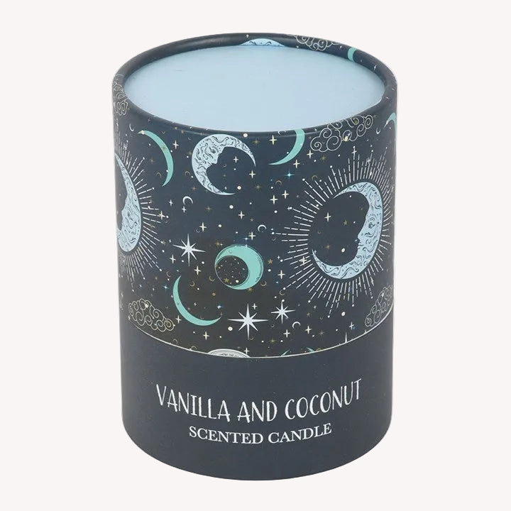 Candle with celestial design and 'Vanilla and Coconut' text on a white background