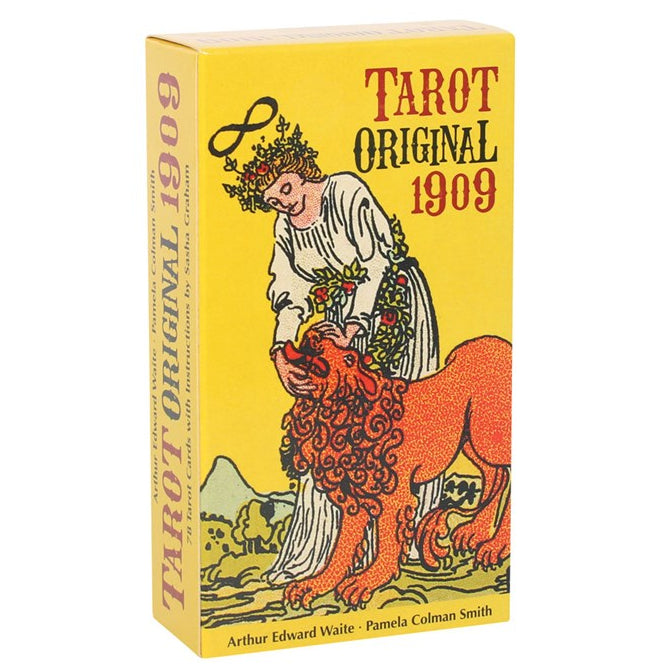 Tarot Original 1909 box with a colorful design on a yellow background