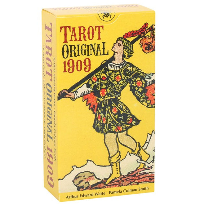 Box of Tarot Original 1909 cards with a colorful illustration on a yellow background