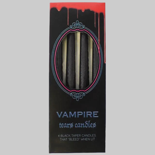 Packaging of 'Vampire Tears Candles' with black candles inside on a white background