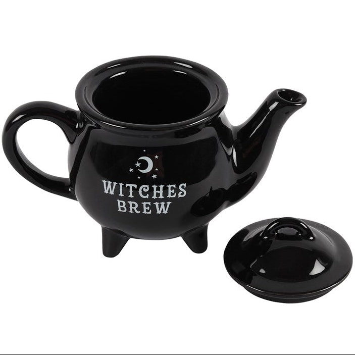 Black ceramic teapot with 'Witches Brew' text on a white background