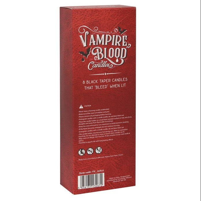 Red box packaging for 'Vampire Blood Candles' with white text on a white background