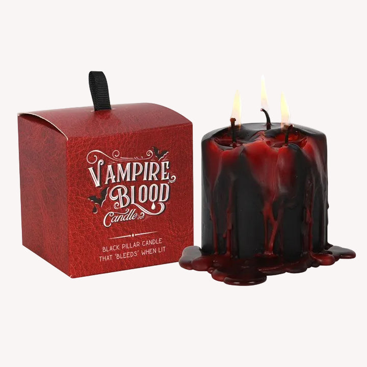 Vampire blood candles with a red box labeled 'Vampire Blood Candles' on a white background
