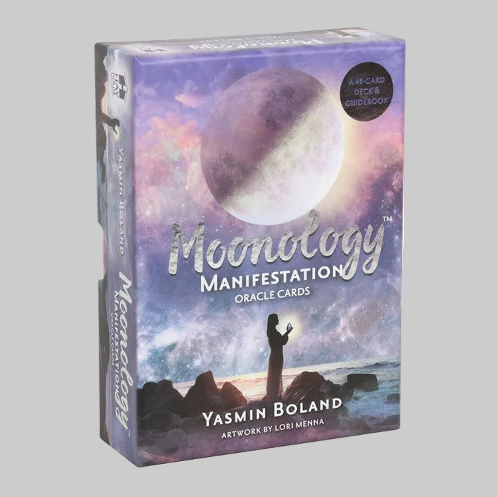 Moonology Manifestation Oracle Cards packaging with a person and moon design on a white background