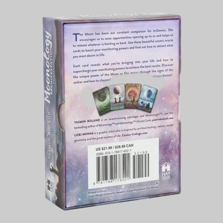Card game packaging with text and images of cards on a white background