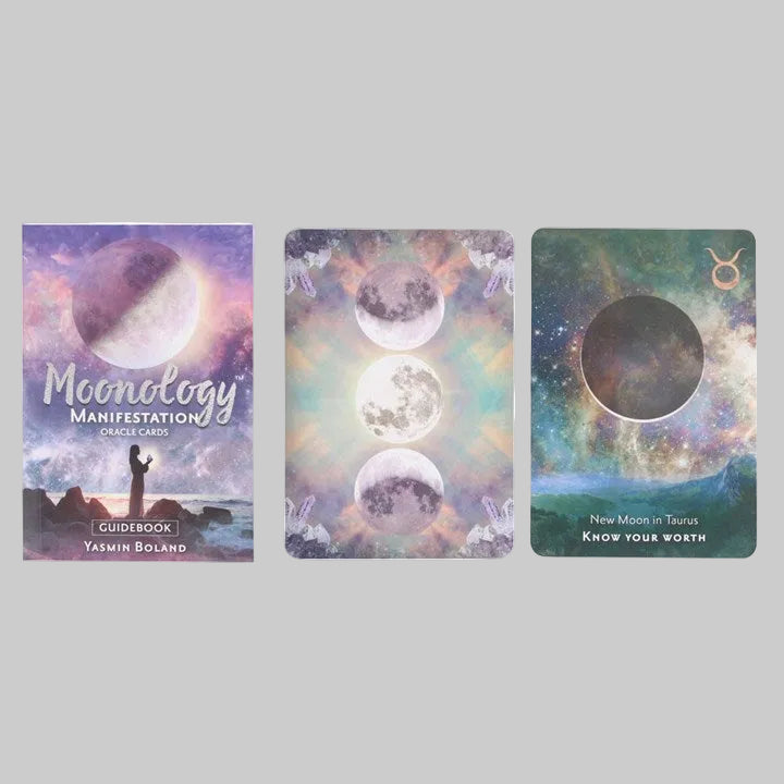 Three tarot cards with moon phases and celestial designs on a white background