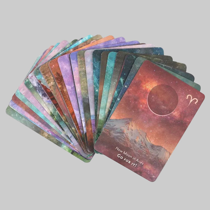 Set of tarot cards with colorful designs and text on a white background