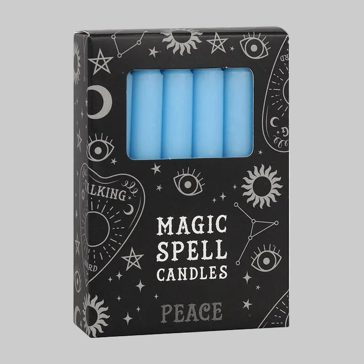 Box of blue candles labeled 'Magic Spell Candles Peace' with wiccan symbols on a white background.