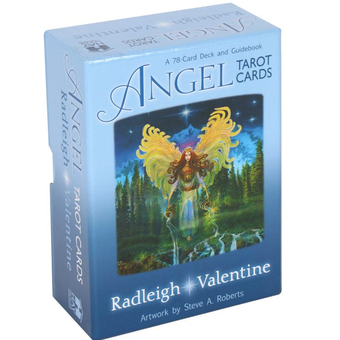 Box of Angel Tarot Cards with artwork of a woman with wings in a forest setting.
