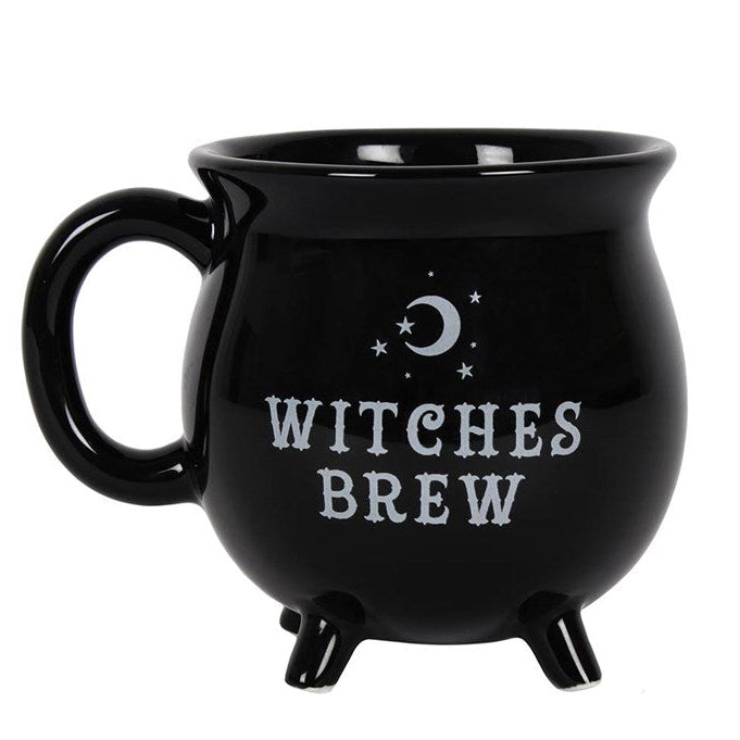 Black mug with 'Witches Brew' text and moon and star design on a white background