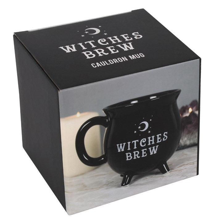 Black 'Witches Brew' cauldron mug in a box with packaging design.