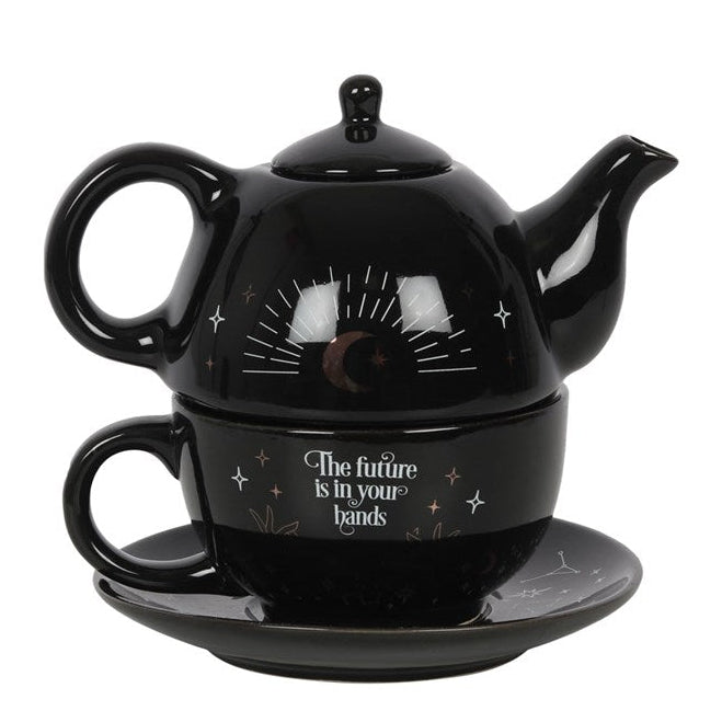 Black teapot and cup set with 'The future is in your bands' text on a white background