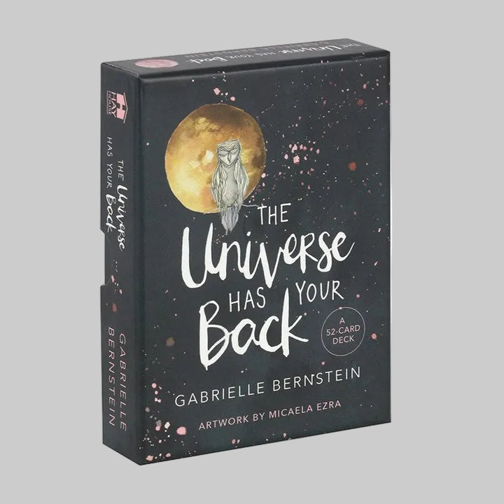 Card deck packaging titled 'The Universe Has Your Back' by Gabrielle Bernstein with an owl illustration on a dark background.