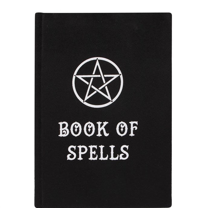Black book titled 'Book of Spells' with a white pentagram symbol on a white background