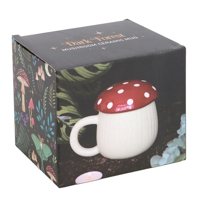 Mushroom-shaped ceramic mug in a decorative box with forest-themed design