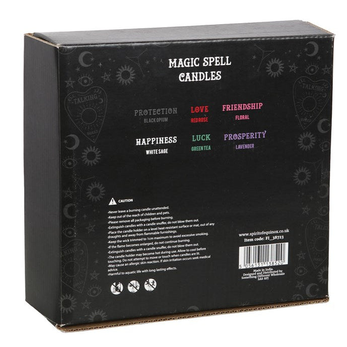 Black box packaging for 'Magic Spell Candles' with text and symbols on a white background
