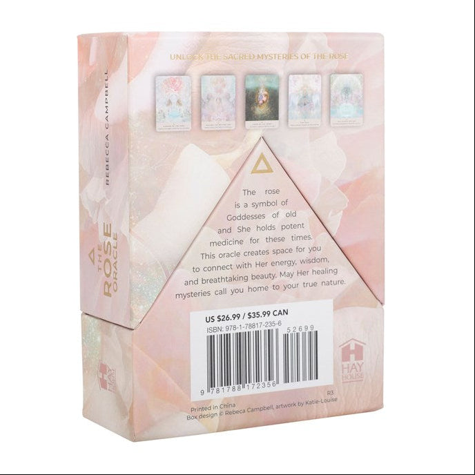 Back of a tarot card box with illustrations and text on a white background