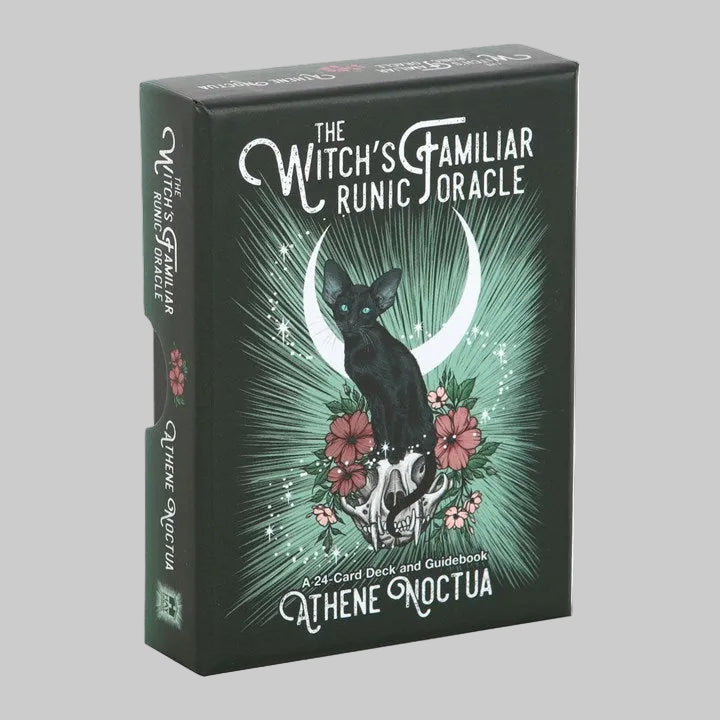 Oracle card set packaging with a black cat, moon, and flowers on a green background