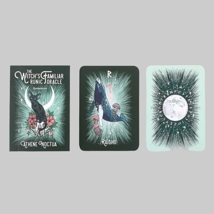 Three tarot cards from 'The Witch's Familiar Runic Oracle' by Alethea Kontova on a white background.