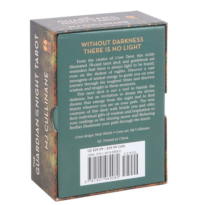 Box of 'The Guardian of the Night Tarot' with text and branding on a white background