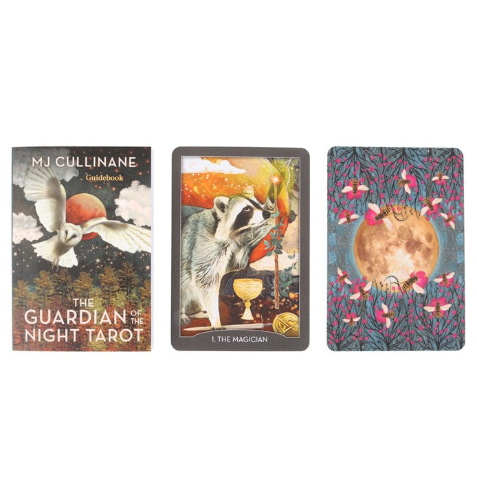 Three tarot cards from 'The Guardian of the Night Tarot' by M.J. Cullinane on a white background.