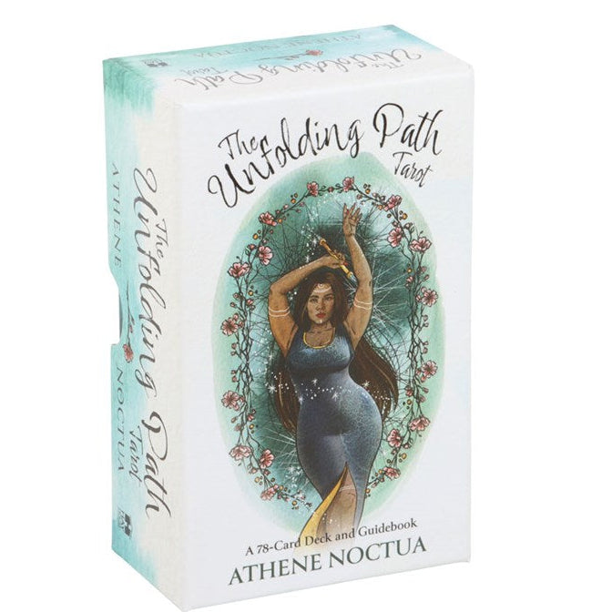 Tarot card box titled 'The Unfolding Path Tarot' by Athene Noctua on a white background