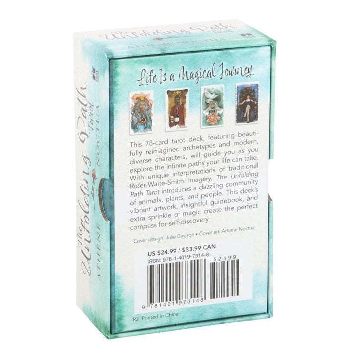 Card game packaging with tarot card illustrations and text on a white background