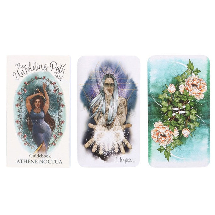 Three tarot cards with artistic designs on a white background