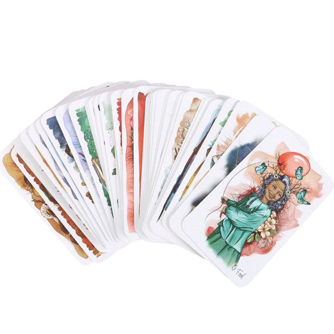 Fanned deck of tarot cards with colorful illustrations on a white background