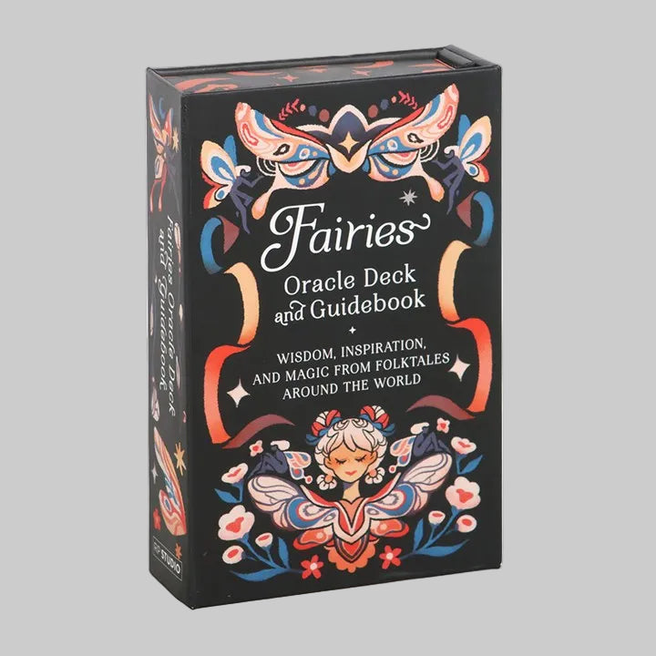 Box for 'Fairies Oracle Deck and Guidebook' with decorative design on a white background