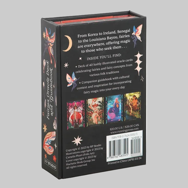 Back view of a card game box with fairy-themed illustrations and text.