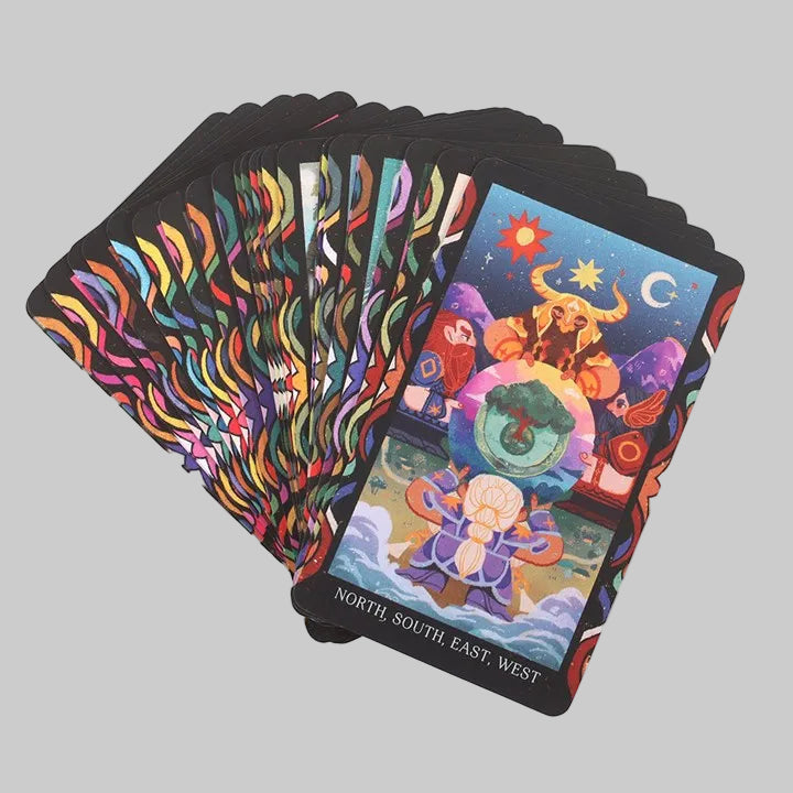 Set of tarot cards with colorful designs on a white background