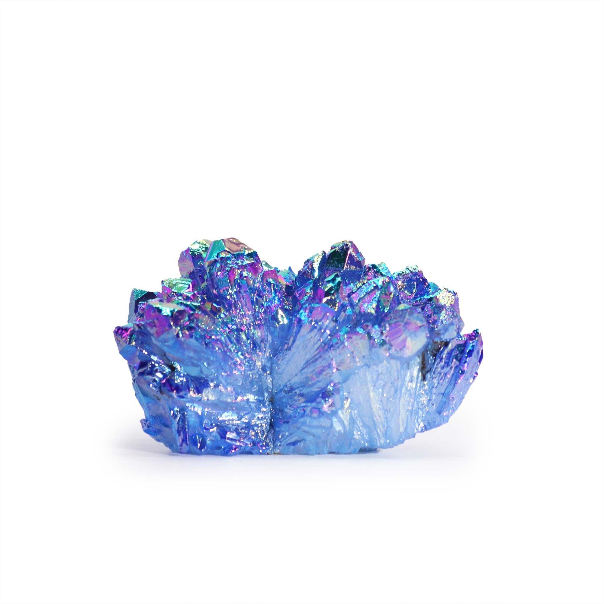 Blue crystal with iridescent properties on a white background