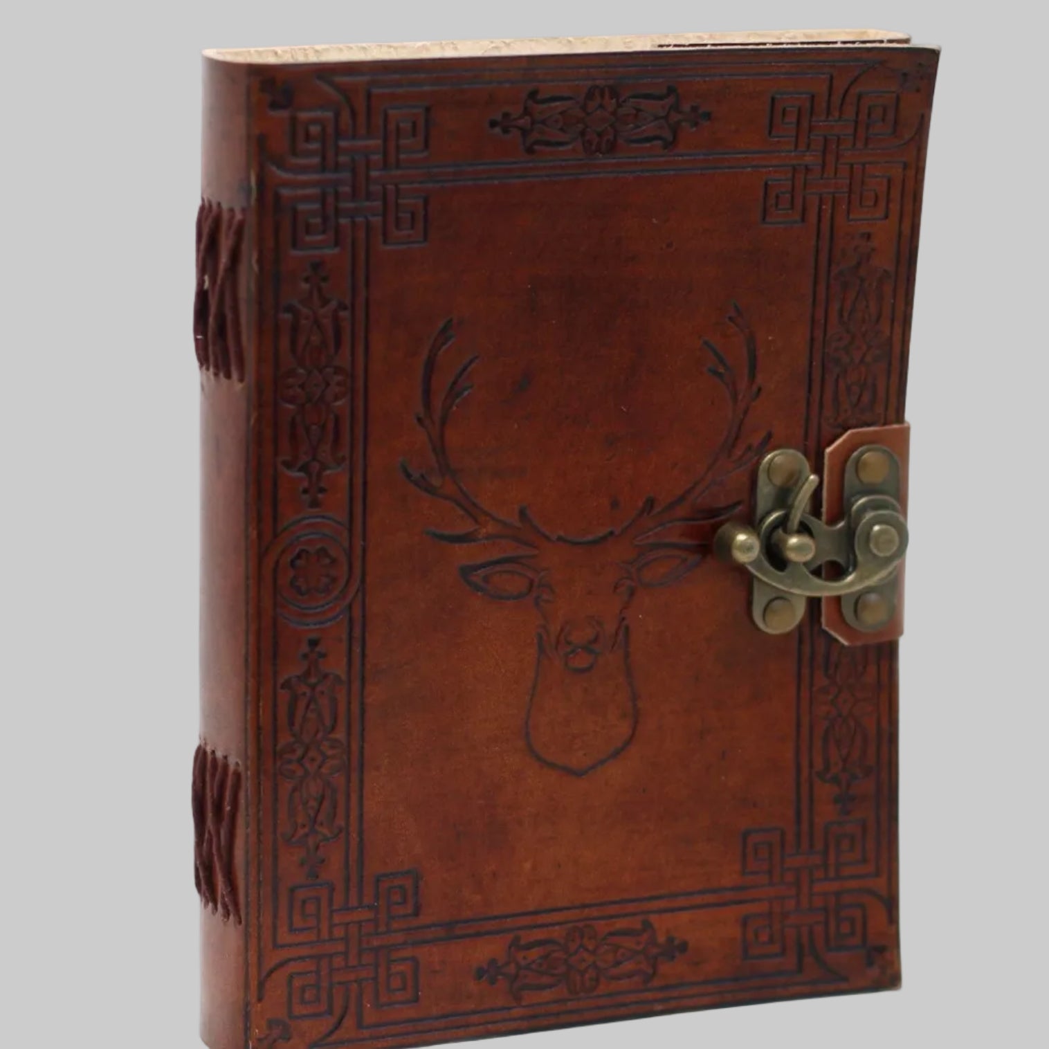 Brown leather journal with deer embossing and brass lock on a white background