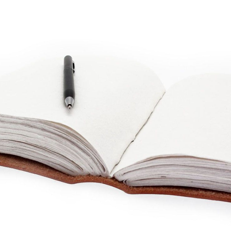 Open notebook with a pen on a white background