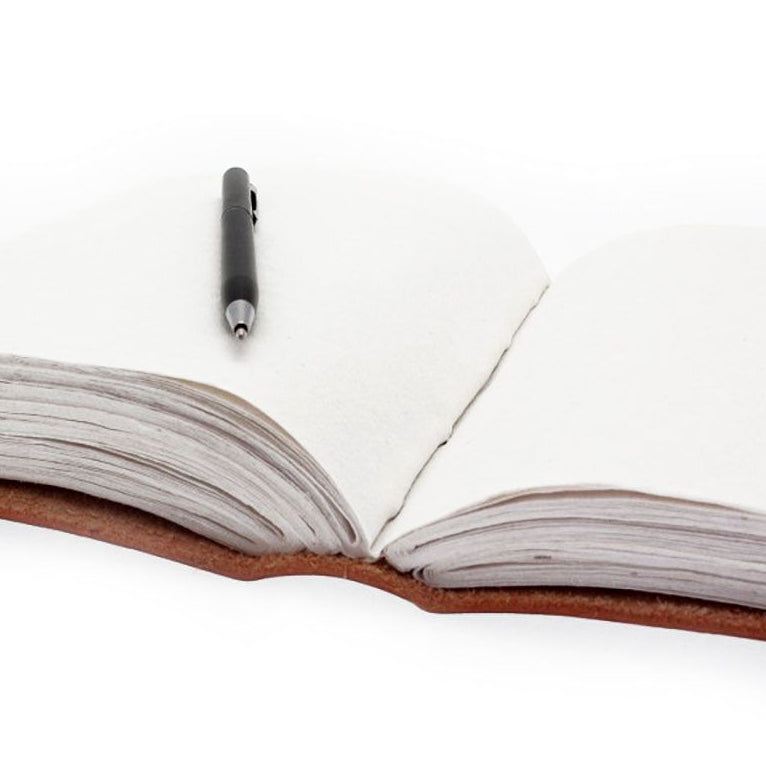 Open notebook with a pen on a white background