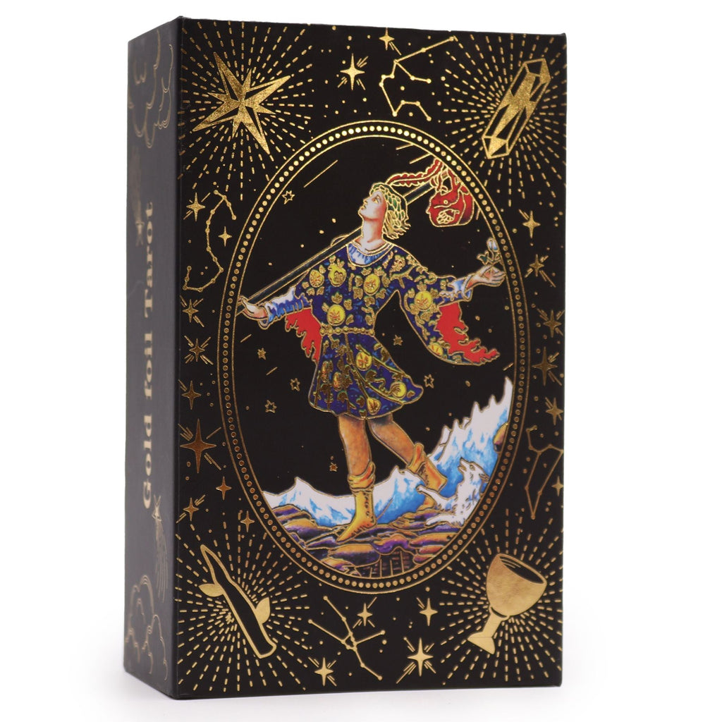 Decorative box with astrological design featuring a person holding a globe against a starry sky.